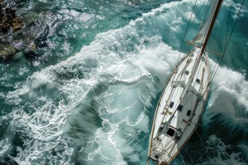 Aerial view of a sailboat crossing the waves of a rough sea.