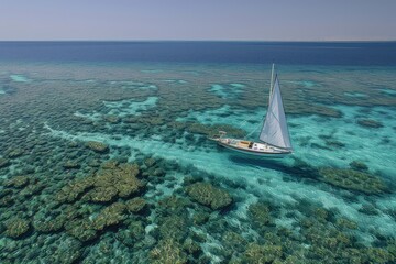 Distant view of a sailboat crossing a coral reef.