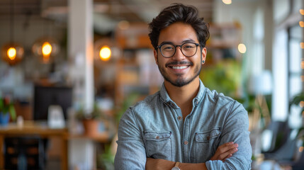 Portrait of a cheerful young man with glasses, arms crossed in a modern office Depth of field adds...