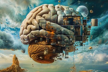 A painting depicting a brain filled with numerous cubes in various colors and sizes, Surreal...