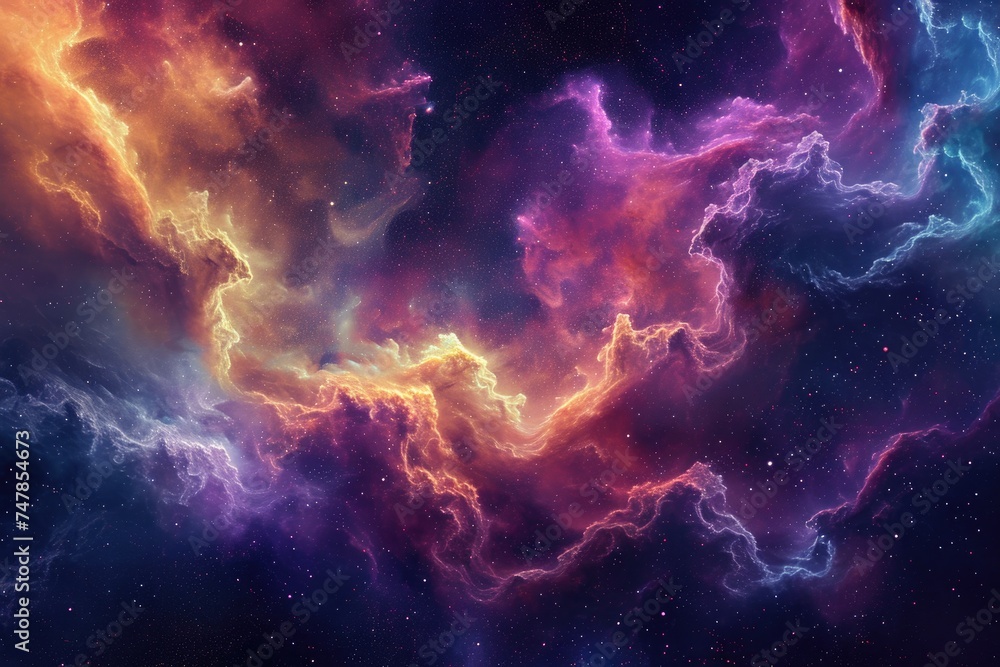 Poster a vibrant space scene featuring a multitude of clouds and stars shining brightly in a colorful displ