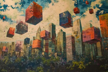 A realistic painting depicting a bustling city with a myriad of towering buildings and busy streets, Surreal painting of a cityscape with floating skyscrapers, AI Generated