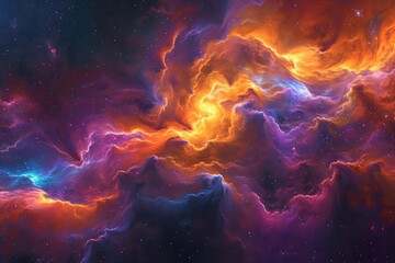A vibrant space scene showcasing a multitude of stars and swirling clouds, Surreal swirls of color shaping a nebular cloud in space, AI Generated