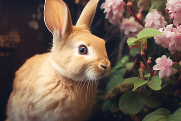 Fototapeta na wymiar Rabbit in front of a Hydrangea Bush