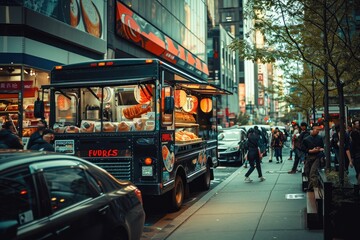 A food truck parked on the side of a busy urban street, offering a variety of delicious street food options to passersby, Sushi food truck on a bustling city street, AI Generated