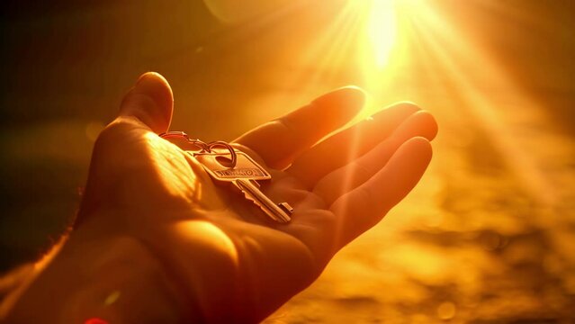 Hand with key to the new house in sunset sunlight. Mortgage, home loan, investment, rent, real estate, property concept
