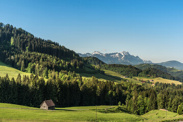 Landscape in the Appenzellerland, view to the Alpstein mountains with Saentis, Canton Appenzell...