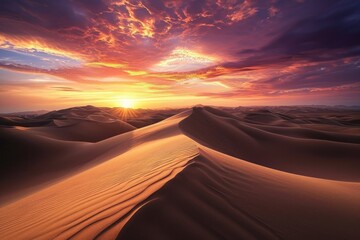 Fototapeta na wymiar As the day comes to a close, the sun casts a warm orange glow over the sand dunes, creating a stunning natural landscape, Sweeping desert dunes under an intense sunset, AI Generated