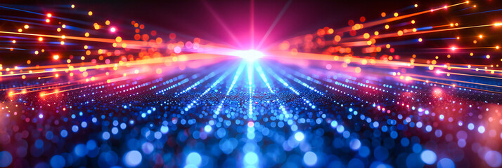 Fototapeta premium Glowing Neon Lights in Empty Room, Futuristic Stage with Bright Spotlights, Abstract Party or Event Background