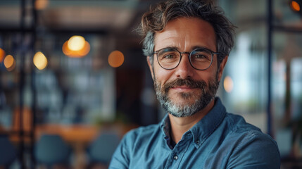 Relaxed indoor portrait of a smiling mature man with glasses and stylish hair