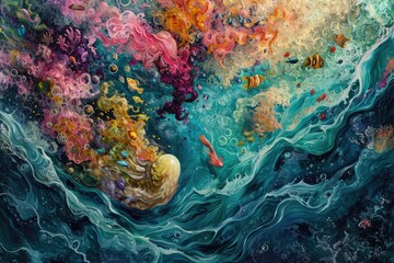 A painting depicting an underwater ocean scene featuring various fish swimming among bubbles, Swirling colors of a deep sea, teeming with marine life, AI Generated - obrazy, fototapety, plakaty