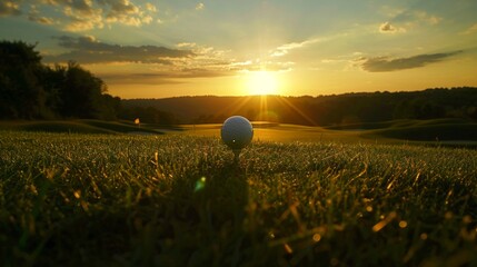 A golf ball rests on top of a lush green field under the clear sky, ready for a game of golf - obrazy, fototapety, plakaty