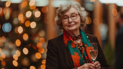 A woman standing in front of a decorated Christmas tree, holding a glass of wine.