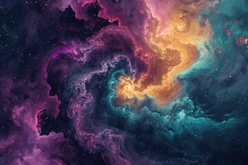 The photo showcases a vivid space adorned with vibrant stars and swirling clouds, creating a captivating celestial sight, Swirling pastel colors forming a galaxy nebula, AI Generated - obrazy, fototapety, plakaty