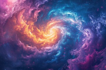 An image capturing a vivid, swirling spiral of various colors against the backdrop of the sky,...