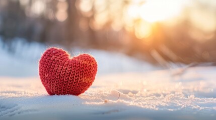 A knitted heart-shaped decoration lies on the snowy ground, contrasting its vibrant red color against the white snow