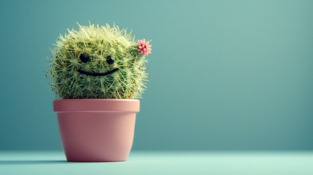 A cactus displaying a smiley face, planted in a pot, is the main subject of the photo