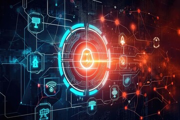 An image showcasing a futuristic background with a prominent circle and various icons, Symbols of mixed cyber threats against a secure gateway, AI Generated