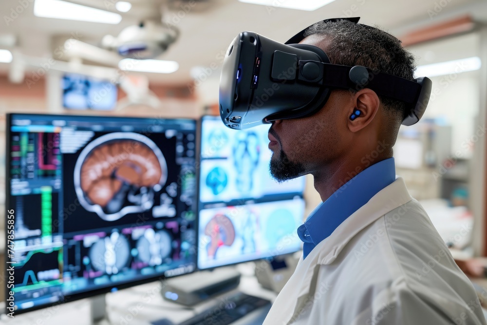 Poster a man wearing a virtual reality headset sits in front of a computer screen, engaged in a virtual exp