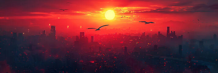 Amidst a heatwave the citys skyline blurs in the sunset,
Two birds flying in the air over a city at sun

 - obrazy, fototapety, plakaty