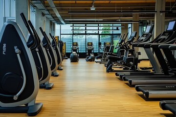 A line of stationary treadmills in a brightly lit and spacious gym, ready for use by fitness enthusiasts, Technogym cardio machines lined up, AI Generated
