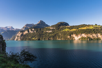 Picturesque mountain scenery on Lake Lucerne, Canton of Schwyz, Switzerland - obrazy, fototapety, plakaty