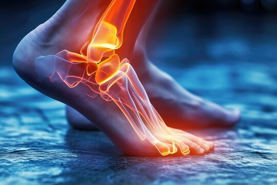 A detailed close-up shot of a persons foot, featuring a glowing sole, The anatomy of a sprained ankle, AI Generated