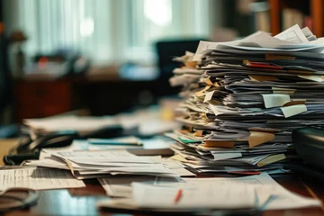 Poster A cluttered wooden desk covered with a disorganized pile of assorted papers, creating a chaotic scene, The chaos and order of an accounting office during the end of the fiscal year, AI Generated © Iftikhar alam