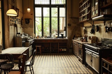 Fototapeta na wymiar This photo captures a kitchen with a checkered floor and a large window, showcasing the open and bright space, The charm of an empty French style bistro kitchen, AI Generated