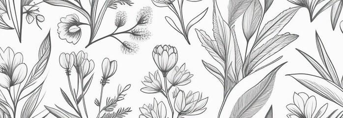 Fototapeta premium Botanical drawing. Minimal plant logo, meadow greenery, leaf and blooming flower abstract sketch element collection, linear rustic branch. drawn wedding invitation bouquet decoration set