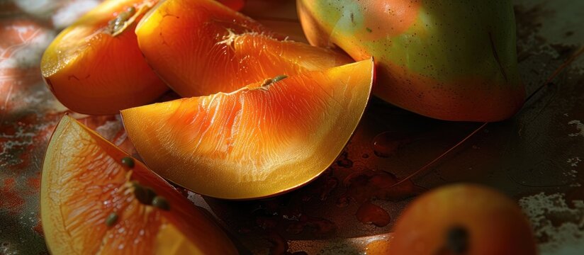 A close-up view of a bunch of tropical fruits, including sliced mamey and juicy zapote, displayed on a table. The vibrant colors and textures of the fruits create an enticing and refreshing sight.