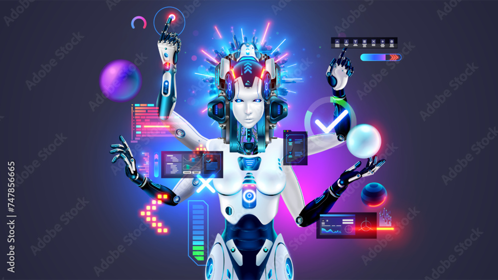 Leinwandbilder AI in image of female robot works with computer interface. Bot with artificial intelligence. Robot woman with four arms in image of goddess Kali. AI neural network analyzes data, works on HUD.