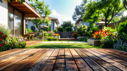 Obraz premium Sunny Summer Garden with Empty Wooden Table, Green Grass Background, Perfect for Outdoor Product Display