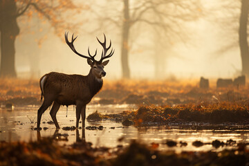 Red Deer Stag Silhouette in the mist