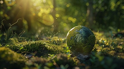 Earth Day celebration: A green globe nestled in a forest with moss, bathed in defocused abstract sunlight