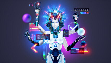 AI in image of female robot works with computer interface. Bot with artificial intelligence. Robot woman with four arms in image of goddess Kali. AI neural network analyzes data, works on HUD. - obrazy, fototapety, plakaty