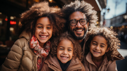 A delighted father with two daughters, all with vibrant smiles and curly hair, enjoying time together.
