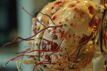 This close-up photo captures the intricate details of a model depicting the human body, The creation of an artificial organ, AI Generated