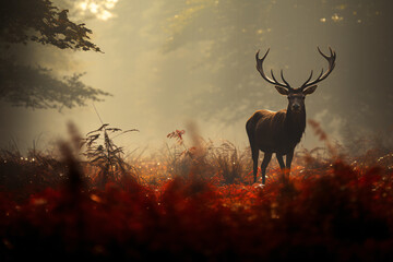 Red Deer Stag Silhouette in the mist - obrazy, fototapety, plakaty