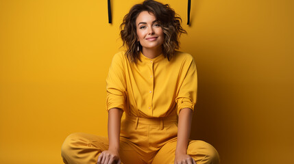 Chic woman seated confidently in a tailored yellow jumpsuit, exuding sophistication and style.
