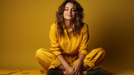 Relaxed and content woman in a mustard yellow shirt and trousers, seated with a gentle smile.