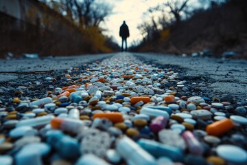 A man standing on a road with a large quantity of pills scattered on the side, The destructive path of opioid abuse, AI Generated - obrazy, fototapety, plakaty