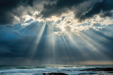 A golden sun beams through billowing clouds, casting a warm glow over the vast expanse of the ocean, The dramatic clash of sunlight and storm clouds over the ocean, AI Generated
