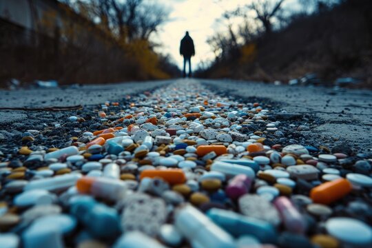 A man standing on a road with a large quantity of pills scattered on the side, The destructive path of opioid abuse, AI Generated