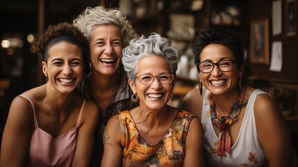 A group of joyful mature women share a hearty laugh, celebrating their enduring friendship in a cozy café setting