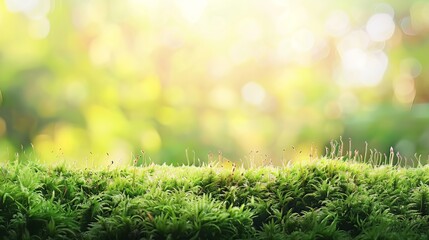Fluffy green moss against a beautiful blurred natural landscape background in a long panorama, embodying the concept of a cozy autumn mood - obrazy, fototapety, plakaty