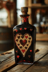Vintage alcohol bottle with a cork with an old label decorated with red hearts