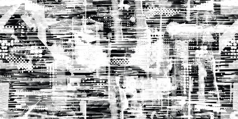Glitch distorted grungy abstract forms . Blob shape organic seamless pattern texture. Fluid shapes .Grunge textured . Liquid vector shapes with speed lines .Screen print endless pattern texture