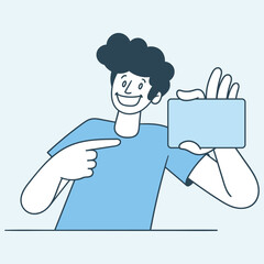 man points to credit card. vector illustration