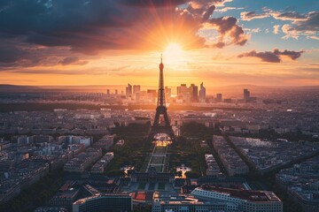 The Eiffel Tower Dominating the Skyline of Paris, The Eiffel Tower peeking out from the Paris cityscape, from a bird's eye view, AI Generated - obrazy, fototapety, plakaty